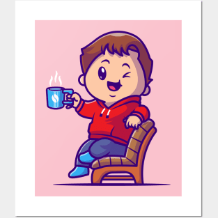 Cute Boy Drink Hot Coffee On Chair Cartoon Posters and Art